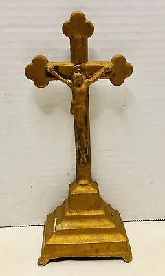 Vintage Casted Pot Metal Standing Crucifix INRI Jesus On Cross W/ Symbols • $40