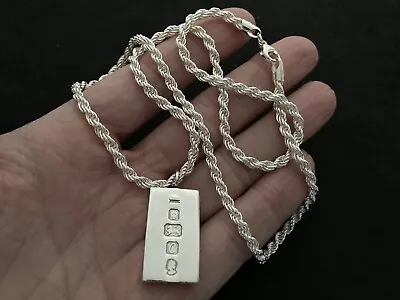 Sterling Silver Vintage Ingot Pendant With Silver Rope Chain. Heavy 43 Grams • $107.35