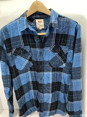 Levis Flannel Shirt Men Size Medium Blue Plaid Long Sleeve Button Casual Cotton • $24.95