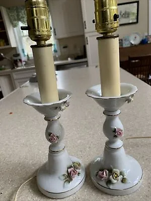 2 Vintage Candle Stick TABLE BEDROOM BOUDOIR LAMP Porcelain Ceramic FLOWERS Pair • $38