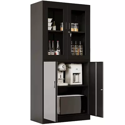 Metal Storage Cabinet With Glass Door Lockable Kitchen Storage Cabinet 71 Inch • $218.49