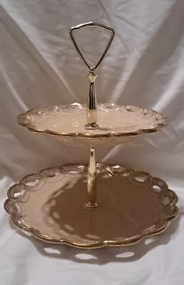 VTG Calif Orig Pottery 709T Double Tiered Ceramic Dessert Stand Gold Trim Handle • $50.99