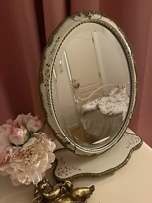 Upcycled Vanity Handpainted Roses Floral Vintage Ivory Adjustable Gold Mirror • £49.99