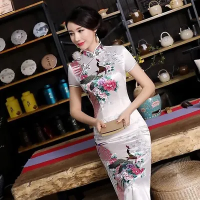 New Luxurious White Satin Phoenix Chinese Long Dress Cheongsam Qipao Lcdress52 • £13.99