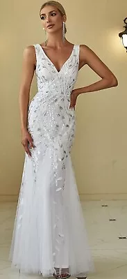 Ever Pretty Size 10 White Sequin Fish Tail Long Dress Evening Wedding Bride New • £28.99