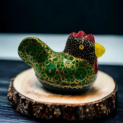 Paper Mache Chicken Hen Rooster Mini Trinket Box Black & Green • $11.99