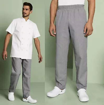 Elasticated Chef Trousers Black Dogtooth Uniform Catering Kitchen Check Checked • £9.95