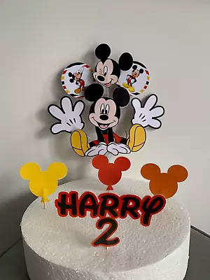Mickey Mouse Birthday Cake Topper In Pick  Name And Age On Stick (Unofficial) • £8.50