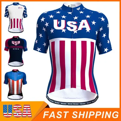 Mens Cycling Jersey Short Sleeve USA Flag Road Bike Shirts Activewear Tops MTB • $26.27