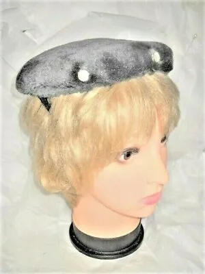 VINTAGE HAT ALDENAIRE FITTED GRAY FURRY FABRIC RHINESTONES Woman Lady Millinery • $9.99