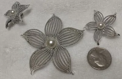 Vtg Sarah Coventry Starfish Moonglow Brooch Clip Earrings Faux Pearl Open Work • $16.99