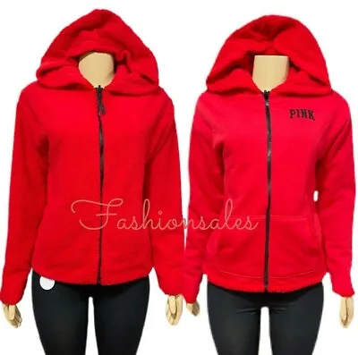 Victorias Secret PINK Reversible Sherpa Hoodie Jacket Full Zip Two Looks Red New • $49.99