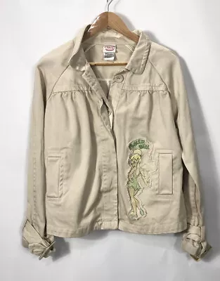 Disney Tinkerbell Khaki Graphic Distressed Print Jacket Women’s Size Large Euc • $22.99