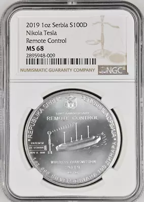 :2019 100 Dinar/1oz Silver Serbia Ngc Ms68 Tesla Remote Control Rare R3 Low Pop • $179.95