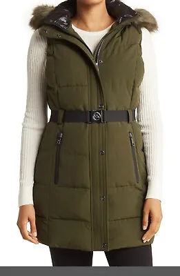 Michael Kors Womens Faux Fur Trim Hooded Twill Quilted Puffer Vest Olive Size XS • $89.99