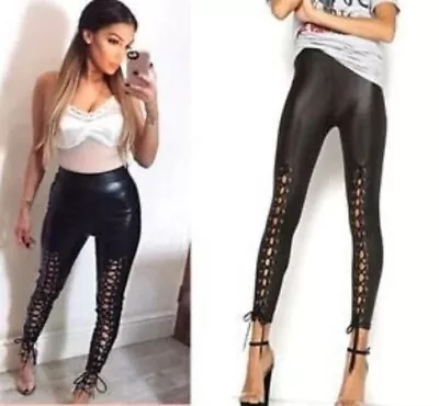 Plus Size Women Ladies Legging PVC Wet Look High Waist Side Panel Lace UP 8-26 • £9.49