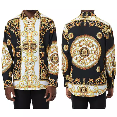 Mens PREMIERE Long Sleeve Button Down Dress Shirt BLACK GOLD DESIGNER STAMP 766 • $39.99