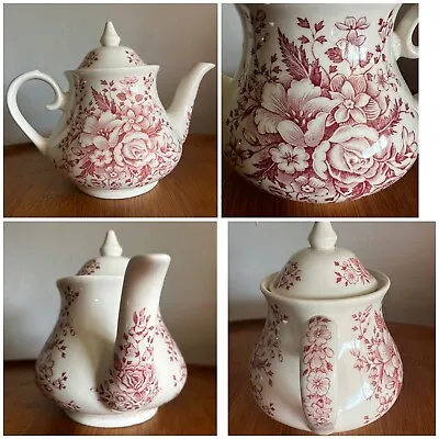 English Ironstone Teapot Vintage Floral EIT Roses Pink Red Flowers 5 Cup 40oz • $24.90