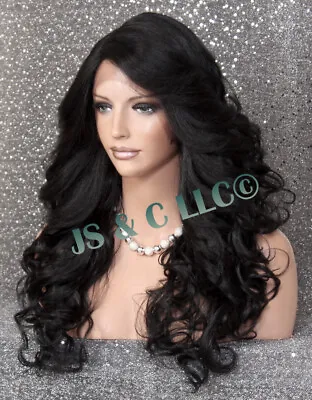 $100.94 • Buy Human Hair Blend Heat OK Full Lace Front Wig Jet Black Feather Sides WavyWBIC 1