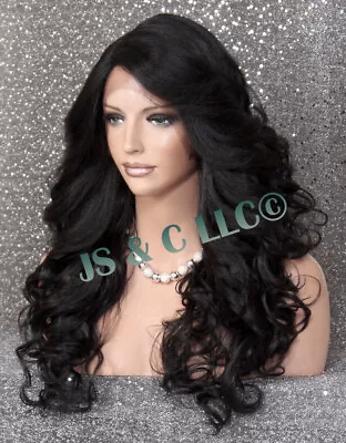 Human Hair Blend Heat OK Full Lace Front Wig Jet Black Feather Sides WavyWBIC 1 • $89.94