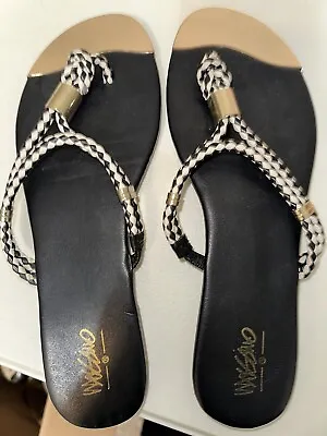 Mossimo Black Sandals. Gold  Toe Cap. Checkered Thong Strap SZ 7.5 Summer Spring • $12