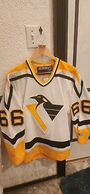 VTG NHL CCM Pittsburgh Penguins Mario Lemieux Jersey 66 White Mens Small • $149.99