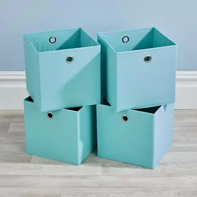 Folding Aqua Blue Square Storage Utility Box 4 Piece Fabric Cube Set Basket Bag • £11.19