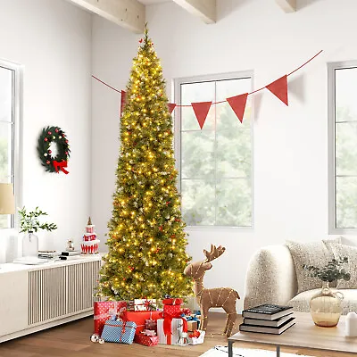 9FT Slim Christmas Tree Pre-Lit Hinged Decoration W/ 500 Lights & 62 Red Berries • $149.95