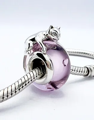 💖 Pink I Love My Cat Murano Glass Charm Bead Genuine 925 Sterling Silver 💖 • £18.95