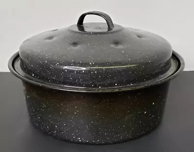 Vintage Enamelware Speckled Black & White 2 Quart Stock Pot & Lid MCM Rustic  • $17