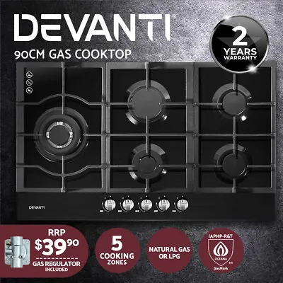 Devanti Gas Cooktop 90cm 5 Burner Stove Hob Cooker Kitchen NG LPG Black Glass • $319.95