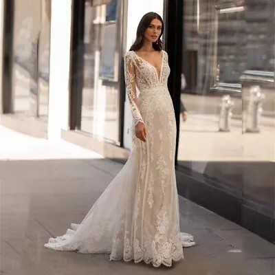 Long Sleeve Backless V Neck Mermaid Appliqué Lace Train Bride Gown Wedding Dress • $317.34