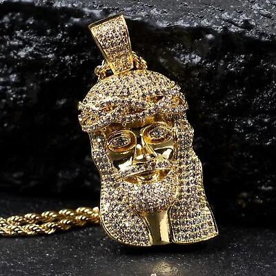 Gold Plated Mini Iced Jesus Piece Hip Hop Pendant With Rope Chain Necklace • $25.89
