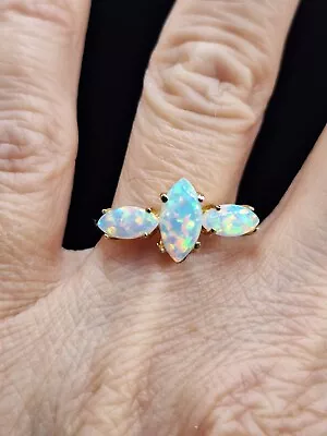 Vintage 9ct Gold Fire Opal Trilogy Ring Size N 1/2 • £220