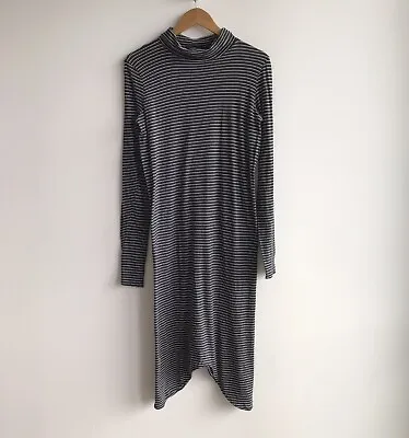 Bassike Dark Grey Stripe High Neck Long Sleeve Organic Cotton Midi Dress Size XS • $49.90