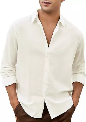 JMIERR Men's Linen Shirts Casual Button Down Long Sleeve Beach Shirts • $39.98