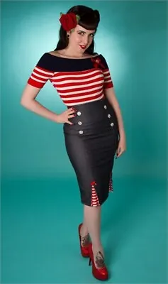 DENIM PENCIL SKIRT Size 8 - Nautical Sailor Jerry Rockabilly Pin Up MISS FORTUNE • £29.97