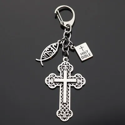 $6.49 • Buy Clip On Cross Design Jesus Fish Christian Holy Bible Charms Keychain Key Chain