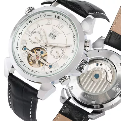 JARAGAR Tourbillon Watches For Men Mechanical Automatic Leather Strap Wristwatch • £38.26