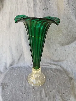 Vintage Monumental Murano Green & Gold Art Glass Trumpet Vase 19 1/2  Tall • $140