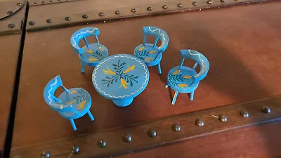 Vintage 1960s Painted Blue Table & Chairs Set Fomerz Wooden Dollhouse Furniture • $14.99