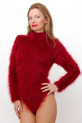 Red Fuzzy Mohair Bodysuit Fuzzy Hand Knit Crewneck Sweater SUPERTANYA • £177.34