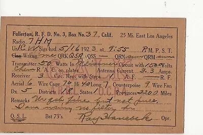 1923  6ALK  Fullerton California   QSL Radio Card • $6