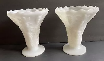 Vintage Pair 6 1/4  Footed Flared Vase  Milk Glass GRAPES ANCHOR HOCKING • $16