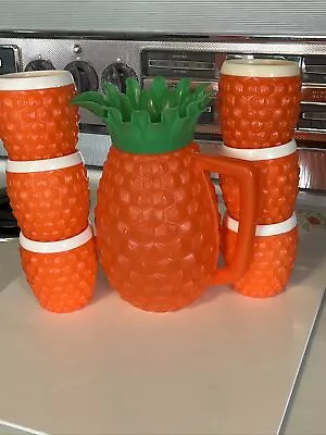 Minerware Mid Century Blow Mold Pineapple Pitcher 6 Tumblers Orange Green White • $50