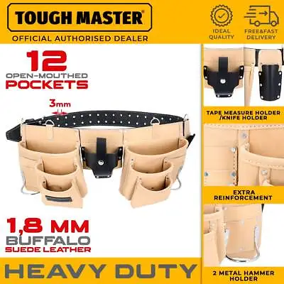 Professional Leather Work Belt With Nail Pouch Hammer Holder Double-Stitched  • £20.99