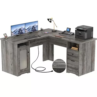 60  L Shaped Computer Desk With Drawer Office Desk + Power Outlets & USB Ports • $249.99