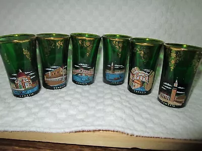 6 Vintage Shot Glasses Venezia Italian Landmarks. Green Gold Trim 3  • $30