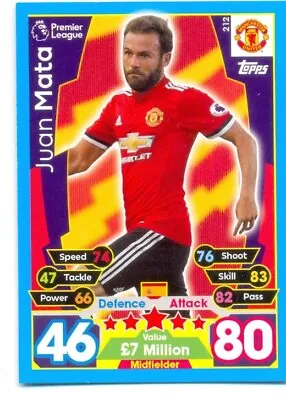 2017/2018 Topps Match Attax Card 212 Juan Mata - Manchester United • £1.24