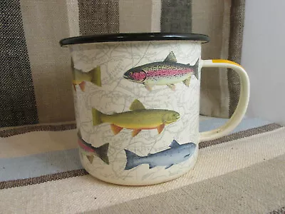 Camping Fishing Hook Line And Sinker Metal Coffee Cup Trout Fish Theme 16 Oz. • $10.95